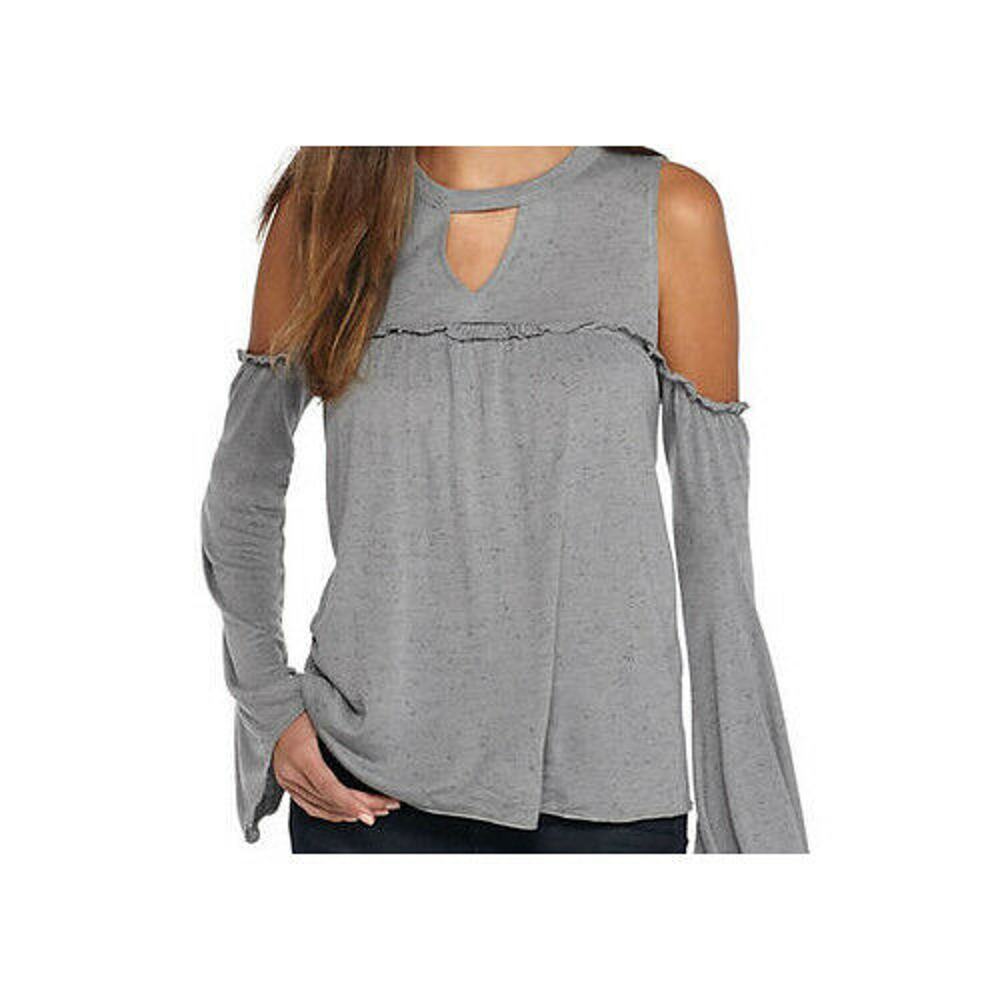 True Craft Womens Juniors Top Size XS‎ Ruffle Cold Shoulder Gray Ruffled